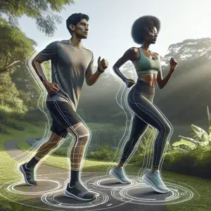Two people in running attire stretching in a park, focusing on their lower body muscles before a run. Serene outdoor setting, no religious or cultural clothing for inclusivity.