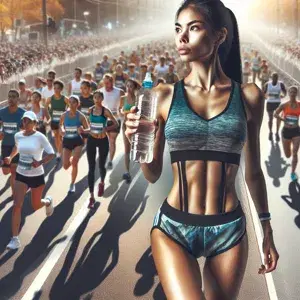 A determined runner in athletic gear holding a water bottle, amidst a marathon race setting with cheering spectators and other runners in the distance.