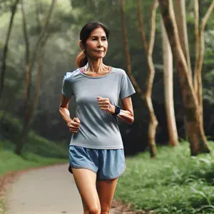 A middle-aged person in athletic wear running through a peaceful natural setting, embodying determination and focus while managing hypertension through exercise.