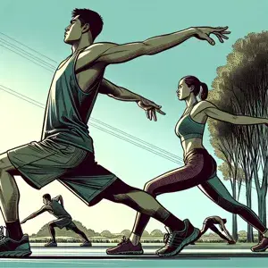 Two individuals engaged in dynamic stretching exercises outdoors, demonstrating proper form before a run. Serene setting with trees and blue sky in the background. Athletes are focused and determined.