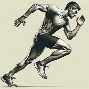 A runner with proper form and high cadence mid-stride, arms bent at 90 degrees, forward lean from ankles. Efficient stride rate reduces leg impact, preventing injuries. Focus on cadence and form improves running economy & speed for a healthier, enjoyable run.