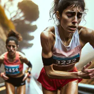 A marathon runner pushing through fatigue and cramps at the 30-32 km mark, with a determined expression and challenging path ahead, symbolizing resilience and mental battle to overcome the wall.