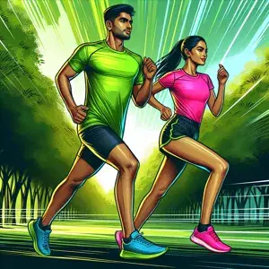 Two individuals in athletic wear jogging through a park, embodying physical fitness and endurance. The image highlights the energy and speed that caffeine can enhance during exercise.