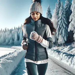 A person in winter running gear jogs on snowy trail, showing proper form on icy surface. Scenic winter landscape with snow-covered trees in background. Image focuses on determination and resilience in winter running challenge.