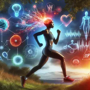 A person running in nature, embodying the connection between running and brain health. Showcasing benefits like improved memory, reduced stress, and active lifestyle promotion.