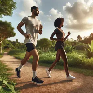 Two people jogging in a picturesque outdoor setting. They are wearing generic athletic clothing and showcasing proper running form. The background features greenery and a clear sky, symbolizing health and fitness.