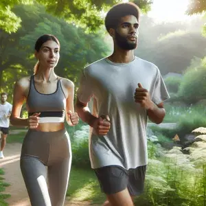 A peaceful scene showing people running in nature, wearing athletic clothes. The setting exudes calmness and promotes mental well-being through running.
