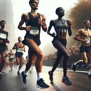 Two runners displaying sportsmanship and respect in a marathon race, embodying running ethics of inclusivity, diversity, and environmental responsibility.