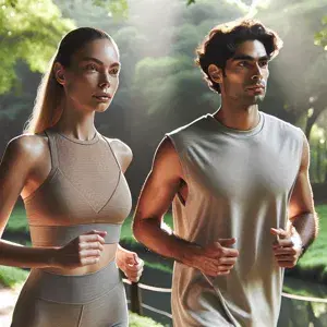 Two individuals in neutral athletic wear peacefully slow running in a serene outdoor setting, highlighting mental resilience and stress-reducing benefits.