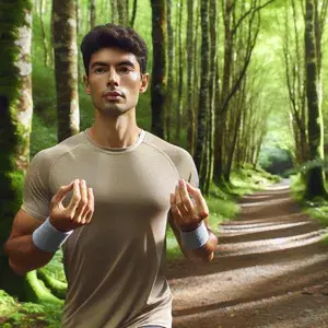Person combining running and meditation in nature, focusing on breath, rhythm, and surroundings for mindfulness. Neutral athletic wear in serene outdoor setting. Harmony of physical activity and mental clarity.