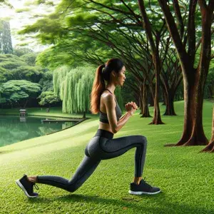A runner focusing on single-leg strength and stability by performing lunges in a park. Proper form is demonstrated as the athlete steps forward with one leg, lowering hips until both knees are bent at 90-degree angles. The serene outdoor setting highlights the dedication to strength training for improved running performance and injury prevention.