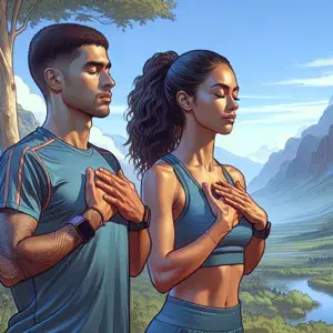 A man and woman in athletic wear standing in a serene outdoor setting, practicing deep breathing exercises with eyes closed. The background shows a beautiful natural landscape, creating a calming atmosphere before a race.