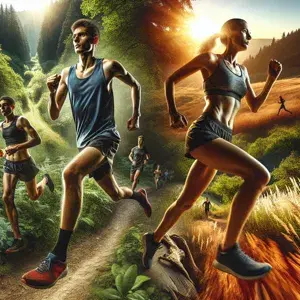 Two individuals cross-country running through diverse terrains, showcasing physical endurance, mental clarity, and well-being in natural environments.