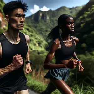 Two people running a marathon with determination and focus, surrounded by greenery and blue skies, showcasing strength, endurance, and resilience.