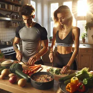 A young couple preparing a post-run meal in a bright kitchen filled with wholesome ingredients. The male chops vegetables while the female stirs a pot, both showcasing a healthy, balanced diet for runners.