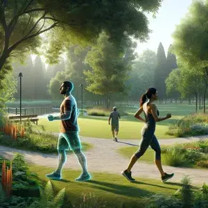 A peaceful outdoor scene with diverse individuals walking and running in a natural setting, highlighting the beauty of nature and the differences in the activities.