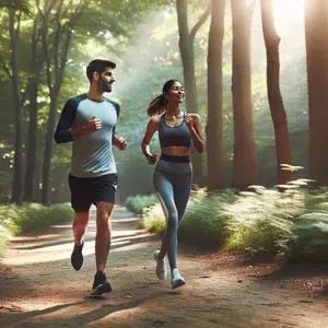 Two healthy individuals running in a natural outdoor setting, emphasizing the importance of proper nutrition for runners.