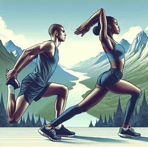Two individuals in athletic attire engaged in dynamic stretching before a run. Background of scenic outdoor setting. Focused and determined expression.