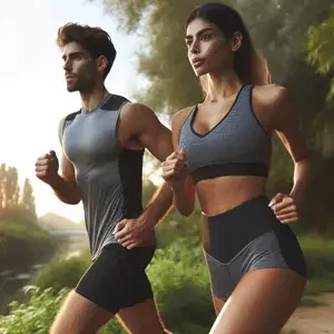 Two people in athletic attire running in a park, embodying a healthy lifestyle and immune system support through exercise.