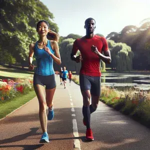 Diverse group of people participating in a Parkrun event at a park. They are running on a 5K path in athletic wear, showcasing community and wellbeing.