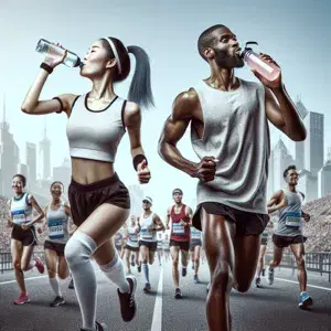 Two runners in athletic attire hydrating during a marathon event, one holding a water bottle and the other holding an electrolyte drink, with other runners in the background.