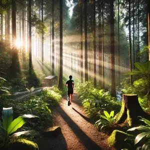 A runner moving through green landscape under a blue sky, embodying strength and determination in their long run. The image represents building stamina in running through gradual progression, interval training, strength exercises, and mental resilience.