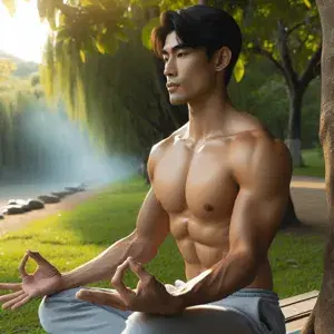 A person in neutral athletic wear practices restorative yoga on a tranquil beach, embodying balance, wellness, and self-care in fitness routine.