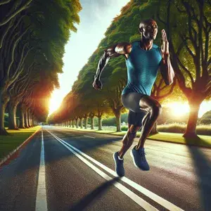 African runner sprinting through a picturesque park with determination and focus, reminiscent of the INEOS 1:59 Challenge in Vienna.