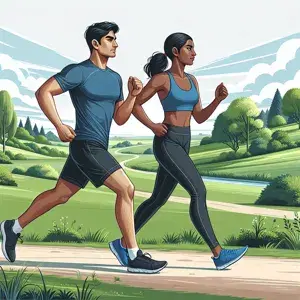 Two individuals running outdoors in a natural landscape, emphasizing different intensity levels. They are dressed in athletic wear, focusing on training within heart rate zones for optimal performance.
