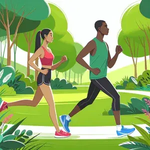 Two diverse individuals, one male and one female, running together in a lush green park. They are wearing proper running attire and shoes, promoting unity and wellness.