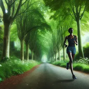 A peaceful running trail with lush greenery, a lone runner in athletic attire running leisurely, embodying calmness and mindfulness in the journey of running.