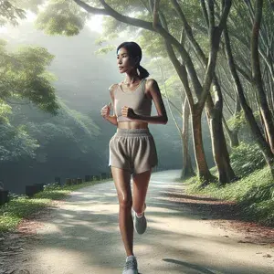 Person with determination jogging on serene trail surrounded by nature in neutral athletic attire. Embracing running journey with focus and dedication. Calm setting with lush greenery and clear sky, symbolizing progress and joy of returning to beloved activity.