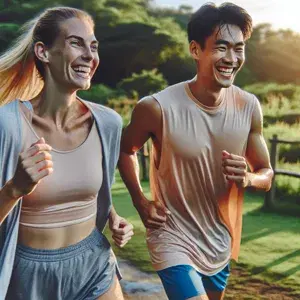 A diverse group of runners of different races and genders smiling and running together, showcasing camaraderie and inclusivity within a run club.