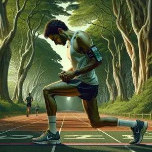 Person in running gear stretching before a 5K race, looking focused and determined in a natural setting.