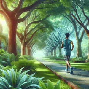 A tranquil park scene with a runner jogging amidst green trees, embodying relaxation and rejuvenation in their training routine.