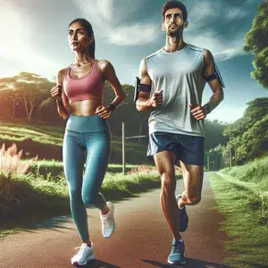 Two runners on outdoor trail in athletic wear, running at steady pace. Background of lush greenery and clear blue sky. Depicts training, pacing strategies, mental toughness for peak performance in race.
