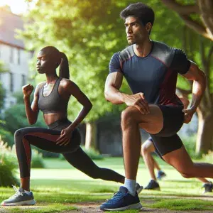 Two people doing dynamic stretches in a park before a marathon. They are focused and determined, preparing themselves physically and mentally for the race.