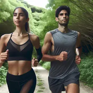 A diverse male and female pair in athletic gear jog along a lush green trail, exuding focus and determination in preparation for a marathon.