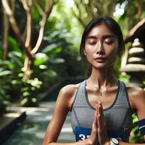 A person practicing yoga in nature post-marathon, embodying calm and tranquility. An image of self-care and recovery after physical achievement.