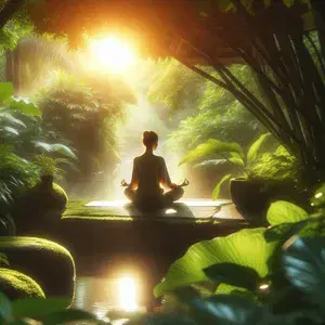 Person meditating in lush green nature, embodying calm and focus. Scene promotes mental preparation and rejuvenation for peak performance.