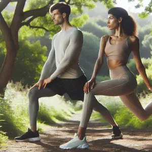 Individuals in athletic wear engaging in dynamic stretching exercises outdoors. Scene conveys warm-up before a run, focusing on movement and flexibility.