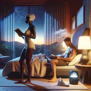 A person getting ready for a long-distance race by relaxing in a serene bedroom environment with a comfortable bed, blackout curtains, and engaging in calming pre-sleep activities like reading or deep breathing exercises.