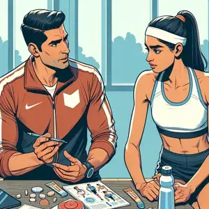 A coach and a runner in athletic wear discussing training plan, technique, motivation, and nutrition. Runner attentive to coach's guidance, illustrating mentorship and collaboration in achieving running goals.