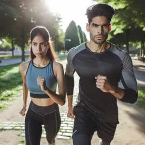 Two focused individuals running in a scenic outdoor park, embodying strength, resilience, and determination in their training for a marathon.