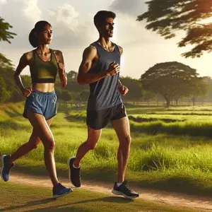 Two determined runners in active wear are training for a 10K race in a scenic outdoor setting. The backdrop features trees, grass, and a clear sky, symbolizing their journey towards fitness and achievement.