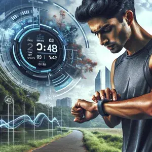 A runner monitoring their split times and pace with a GPS watch on a scenic trail. Using technology to adjust speed for optimized performance.