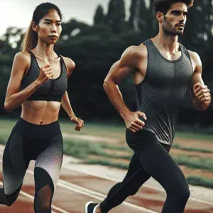 Two people in fitness attire, running at their lactate threshold pace on a track. Determined expressions on their faces, focusing on improving endurance and speed through threshold training. Simple outdoor background.