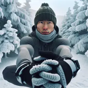 A person doing dynamic stretches in a snowy forest, bundled up in warm winter gear, ready for a race.