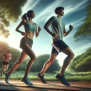 Two people running on a scenic outdoor trail in athletic wear, surrounded by green trees and blue sky. Conveys fitness, endurance, and health.