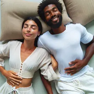 A serene image of a person or couple in a state of complete rest, exuding calmness and well-being. Diverse individuals peacefully lying down or sitting, embodying mindfulness and relaxation.